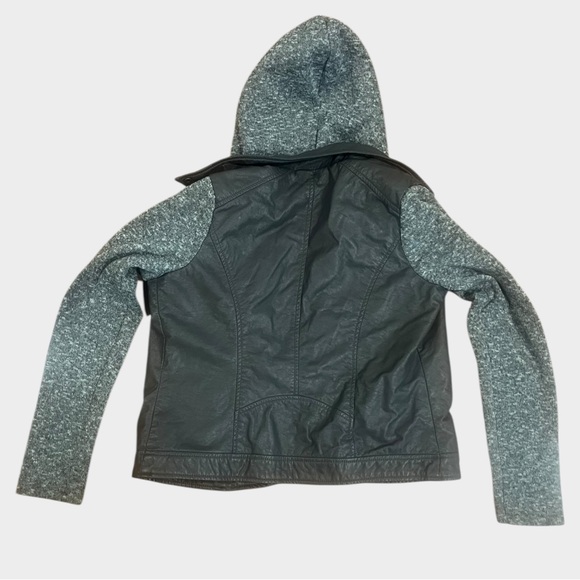 Gray Faux Leather Jacket with Knit Sleeves and Removable Hood - Picture 6 of 6